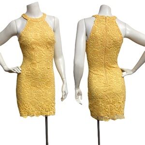 Lulus Women Bodycon Dress XS Yellow Floral Lace High Neck Lined Party Graduation